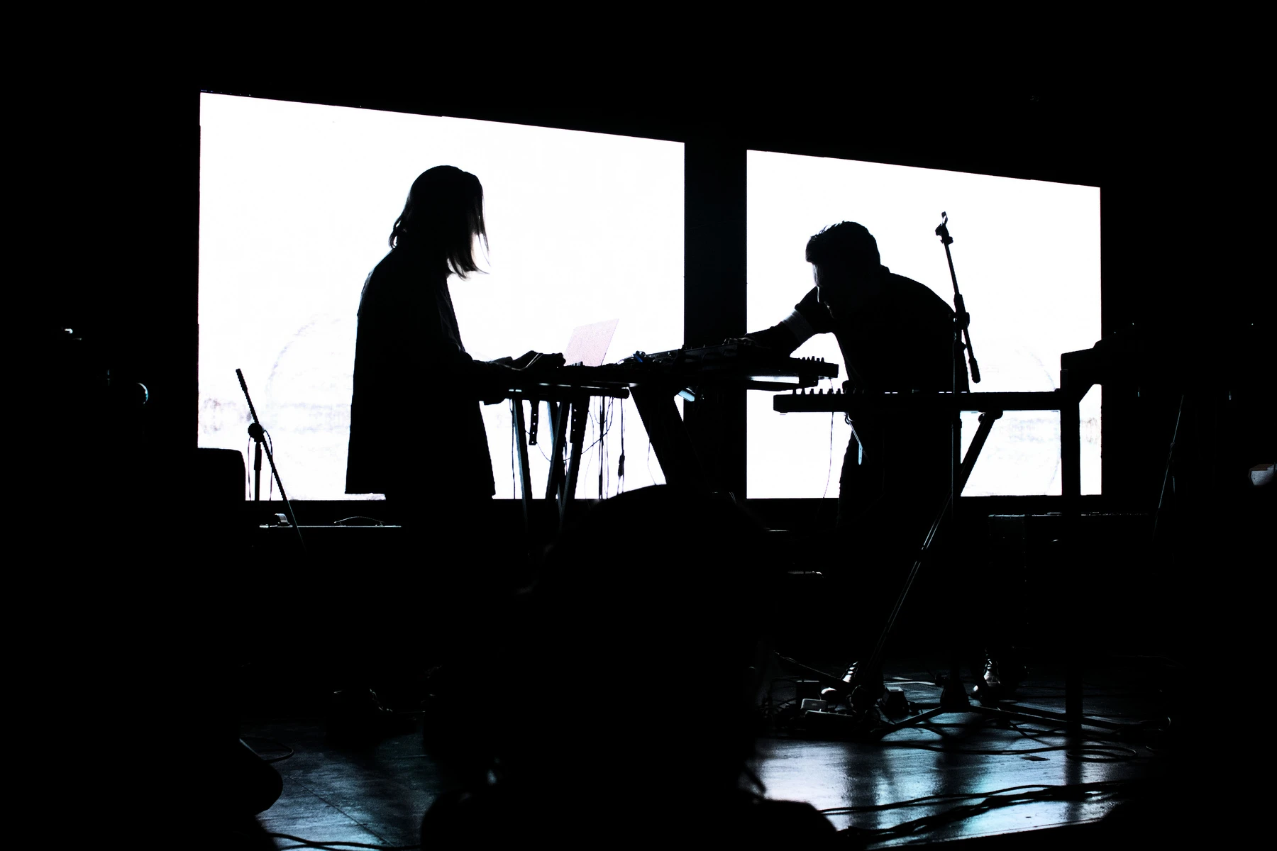 BernyRo y Victor Schlesinger en escena, en silueta frente a dos pantallas de luz